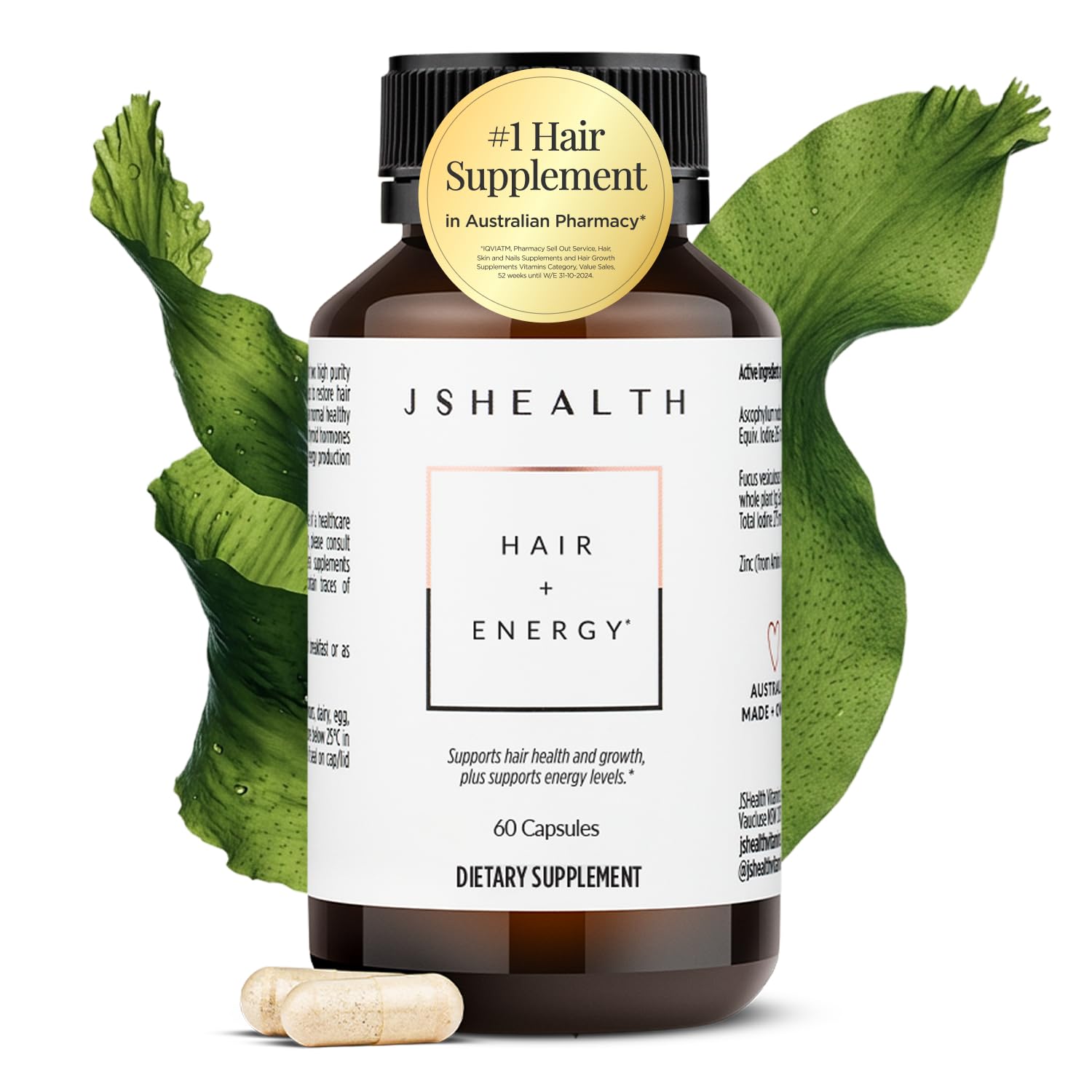 JSHealth Hair Growth Vitamins for Women. Hair + Energy with Kelp Iodine and Zinc. Supports Thickness, Strength, Energy. Nutritionist-Formulated (60 Capsules)