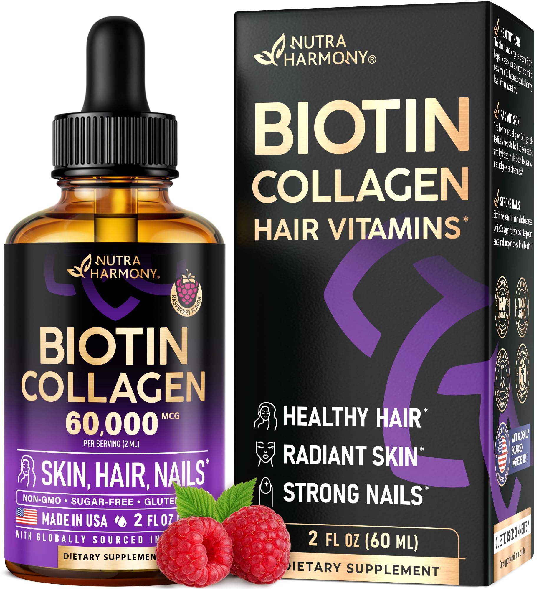 Liquid Biotin & Collagen 60,000mcg - Biotin for Hair Growth Support - 2 Oz
