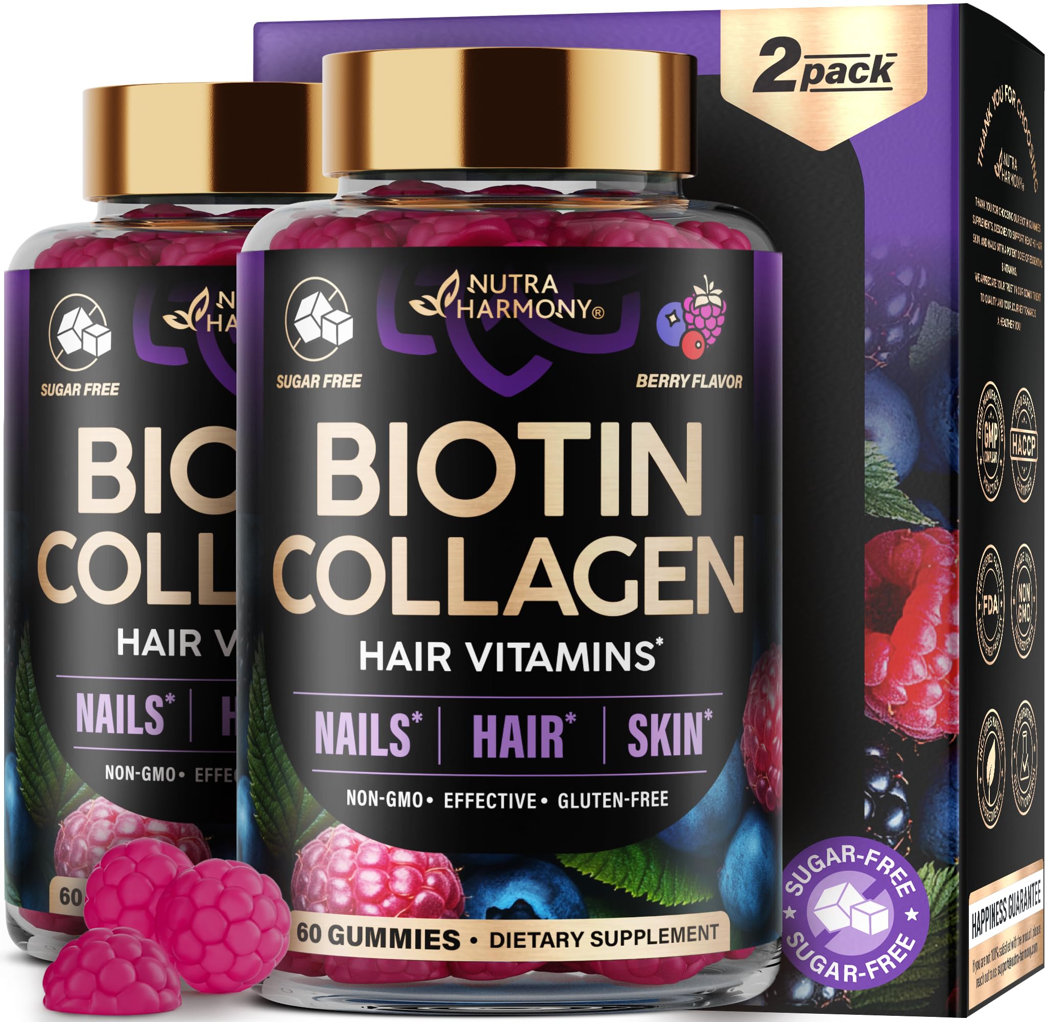 Biotin Gummies for Hair Growth Support - for Women & Men - Berry, Pack of 2